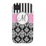 Girly, Pink, Black Damask Your Monogram Initial iPhone 4 Cover