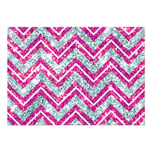 Girly Pink & Blue Sparkly Faux Glitter Chevron Invitations