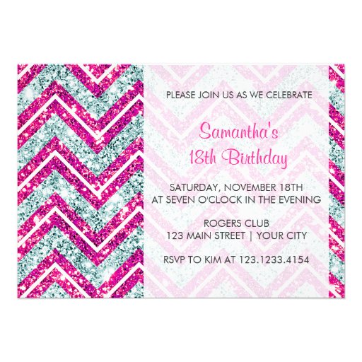 Girly Pink & Blue Sparkly Faux Glitter Chevron Invitations