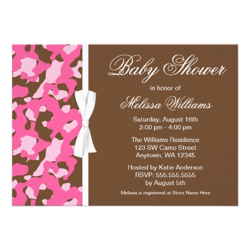 Girly Pink Brown Camo Ribbon Baby Shower Personalized Invites