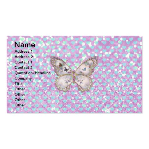Girly Pink Butterfly Blue Hearts Glitter Pattern Business Card Templates (front side)