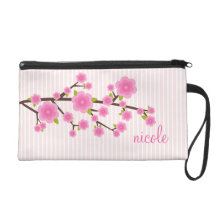 Girly Pink Cherry Blossom Personalized Wristlet