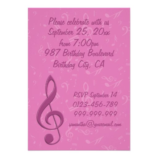 Girly Pink Clef and Musical Notes Birthday Party Custom Invitation