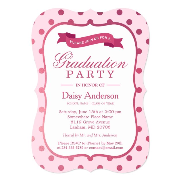 Girly Pink Cute Polka Dots Modern Graduation Party 5x7 Paper Invitation Card (front side)