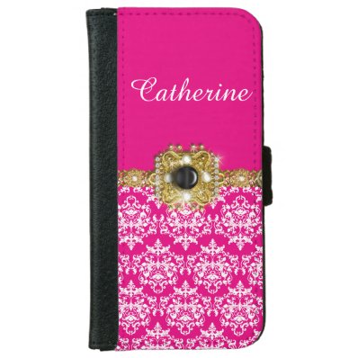 Girly pink damask PERSONALIZE iPhone 6/6S Wallet Case