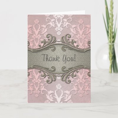 Girly Pink Fancy Floral Damask Thank You Card