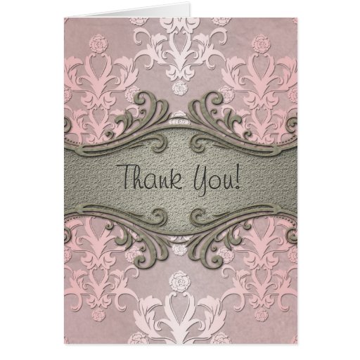 Girly Pink Fancy Floral Damask Thank You Card Zazzle