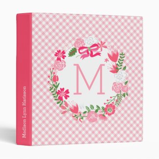 Girly Pink Floral Wreath Personalized Monogram 3 Ring Binder