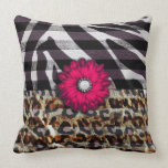 Girly Pink Flower on Cheetah Zebra Print Pillow