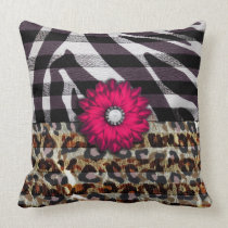 Girly Pink Flower on Cheetah Zebra Print Pillow