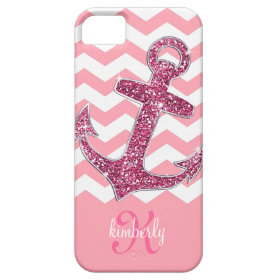 Girly Pink Glitter Anchor Chevron Personalized iPhone 5 Cover