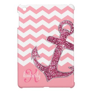Girly Pink Glitter Anchor Chevron Personalized Cover For The iPad Mini
