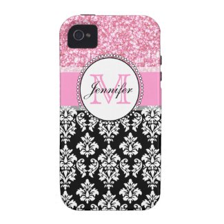 Girly, Pink, Glitter Black Damask Personalized Case-Mate iPhone 4 Covers