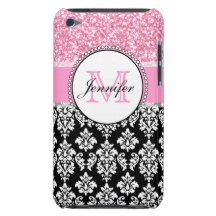 Girly, Pink, Glitter Black Damask Personalized Barely There iPod Cases
