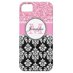 Girly, Pink, Glitter Black Damask Personalized iPhone 5 Cases