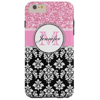 Girly, Pink, Glitter Black Damask Personalized Tough iPhone 6 Plus Case