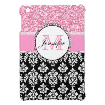 Girly, Pink, Glitter Black Damask Personalized iPad Mini Case