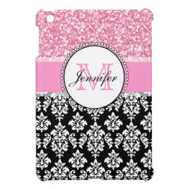 Girly, Pink, Glitter Black Damask Personalized iPad Mini Case