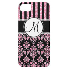 Girly, Pink Glitter, Black Damask Your Monogram iPhone 5 Covers