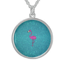 Girly Pink glitter flamingo turquoise glitter Personalized Necklace