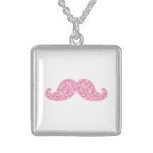 GIRLY PINK GLITTER MUSTACHE PRINTED CUSTOM NECKLACE