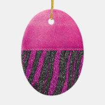 Girly Pink Leather Zebra Pattern Glitter Print Ornaments