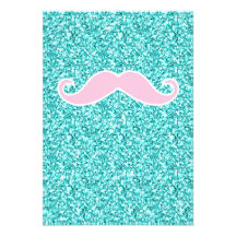 GIRLY PINK MUSTACHE ON TEAL GLITTER EFFECT PERSONALIZED INVITE