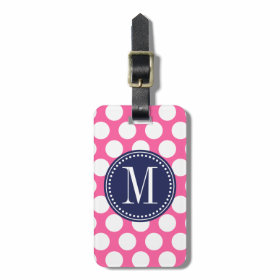 Girly Pink & Navy Big Polka Dots Monogrammed Bag Tags