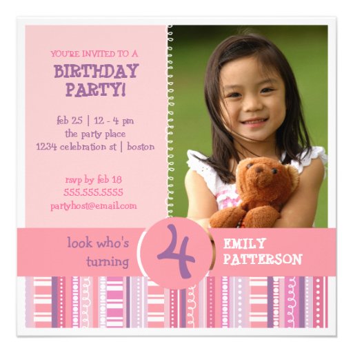 Girly Pink Purple Age Number Birthday Party Announcement