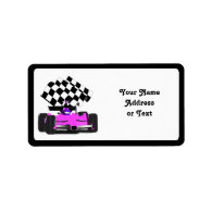 Girly Pink Race Car with Checkered Flag Address Label