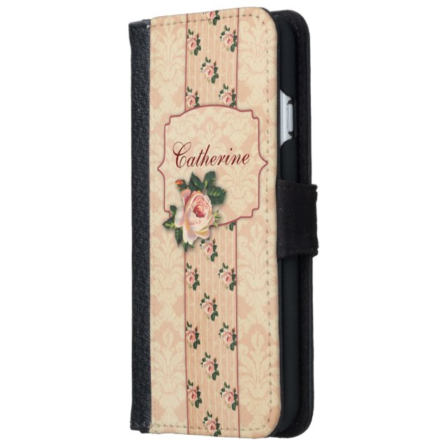 Girly Pink Roses and Damask Personalized iPhone 6 Wallet Case