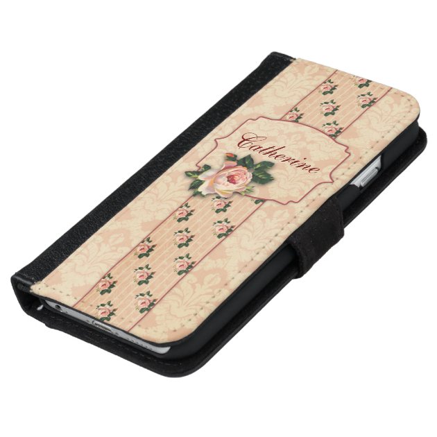 Girly Pink Roses and Damask Personalized iPhone 6 Wallet Case-5