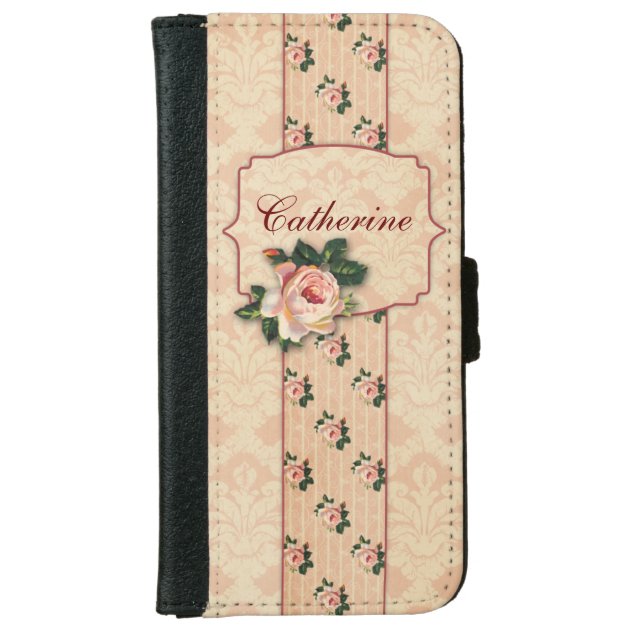 Girly Pink Roses and Damask Personalized iPhone 6 Wallet Case-0
