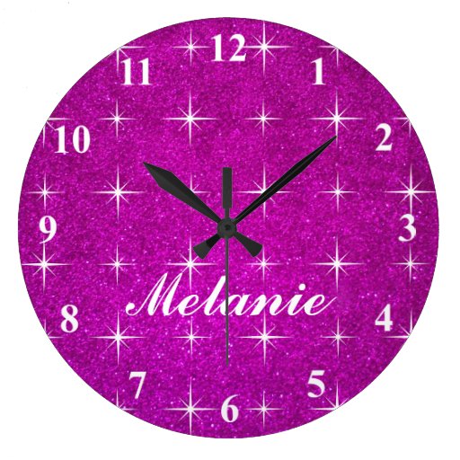 Girly pink sparkly glitter wall clock for girls Zazzle