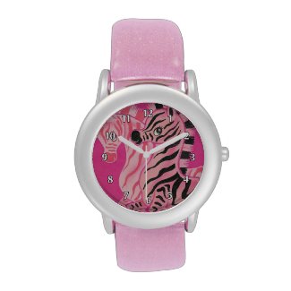 Girly Pink Zebras on Black Wrist Watches