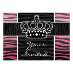 Girly princess pink and black zebra print crown invitations
