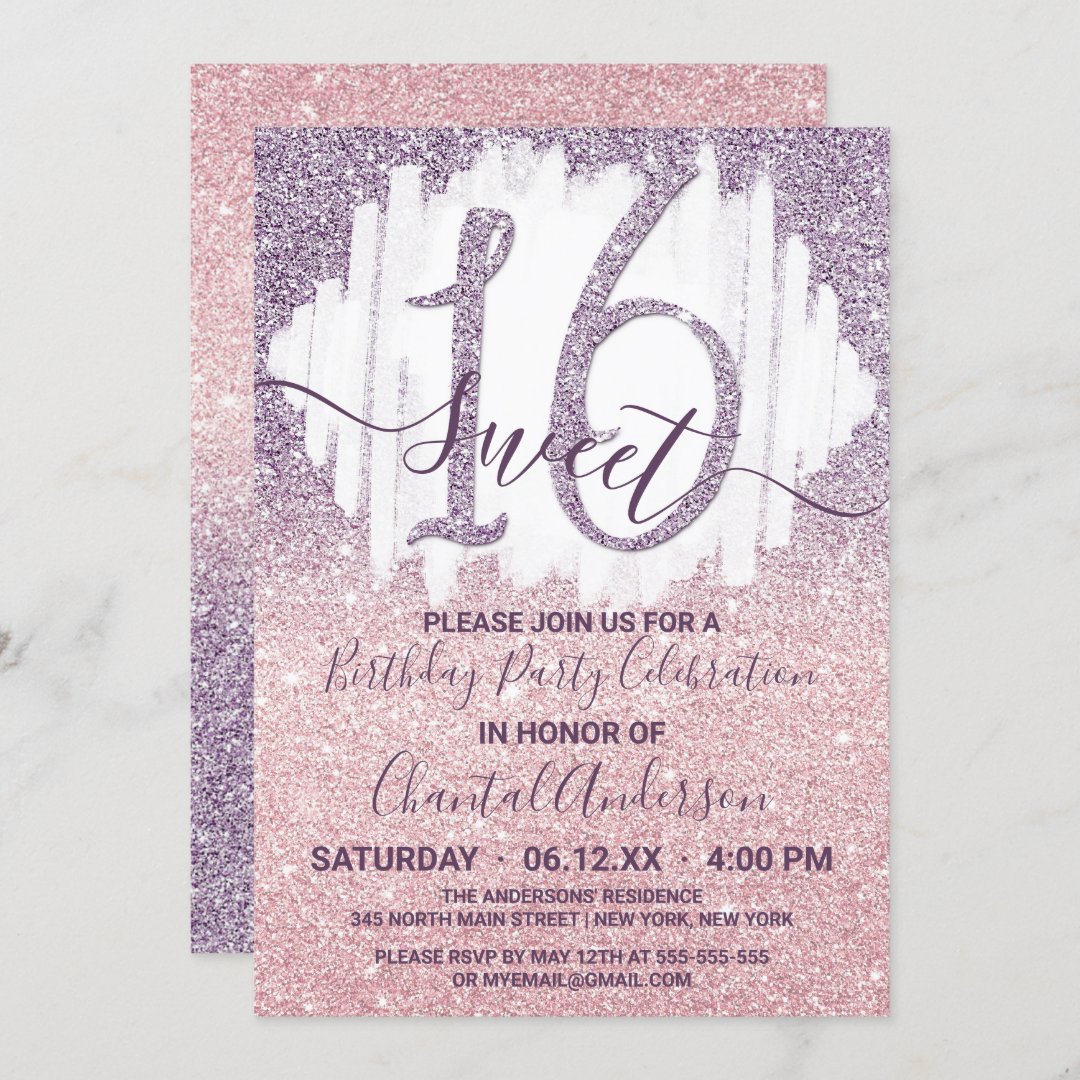 Girly Purple Pink Faux Glitter Ombre Sweet Sixteen Invitation Zazzle