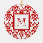 GIRLY RED DAMASK PATTERN 2 YOUR INITIAL CHRISTMAS TREE ORNAMENTS