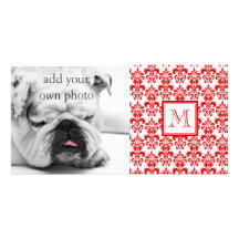 GIRLY RED DAMASK PATTERN 2 YOUR INITIAL CUSTOM PHOTO CARD