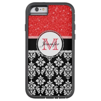 Girly, Red, Glitter Black Damask Personalized Tough Xtreme iPhone 6 Case