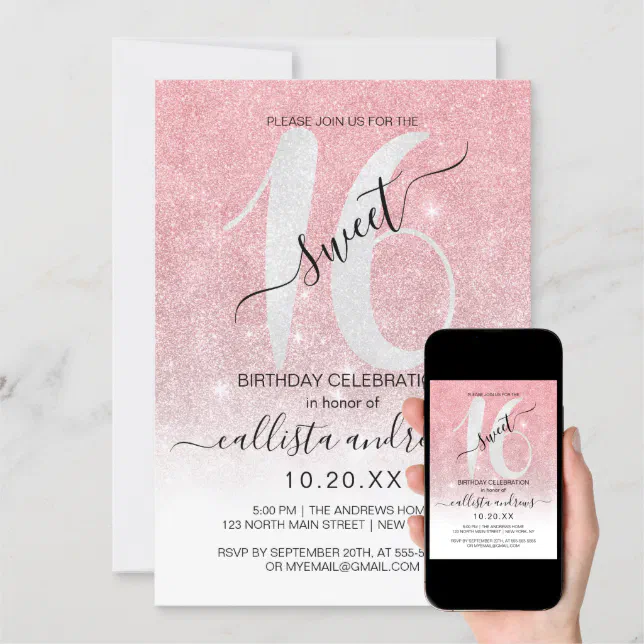 Girly Rose Gold White Glitter Ombre Sweet 16 Invitation Zazzle