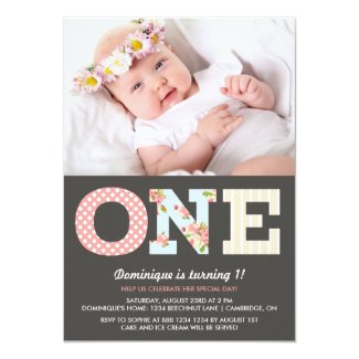 Girly Shabby Chic First Birthday Photo Invitation 5" X 7" Invitation Card