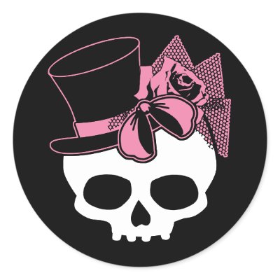 Girly Skull with Hat and Pink Bow Round Sticker by evilinpink