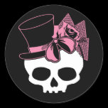 Girly Skull with Hat and Pink Bow Round Sticker
