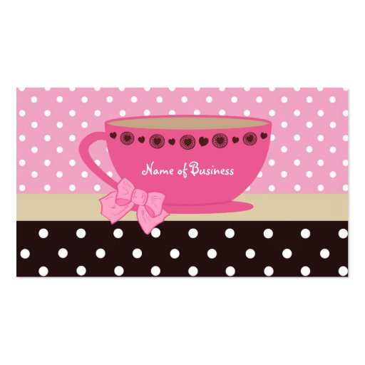 Girly Tea Shop Pink And Brown Polka Dots Teacup Business Cards (front side)