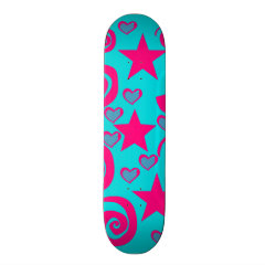Girly Teal Blue Hot Pink Stars Hearts Swirls Skate Decks