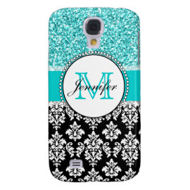 Girly, Teal, Glitter Black Damask Personalized