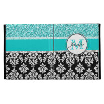 Girly, Teal, Glitter Black Damask Personalized caseable cases