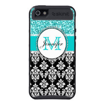 Girly, Teal, Glitter Black Damask Personalized Cases For iPhone 5