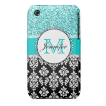 Girly, Teal, Glitter Black Damask Personalized iPhone 3 Covers